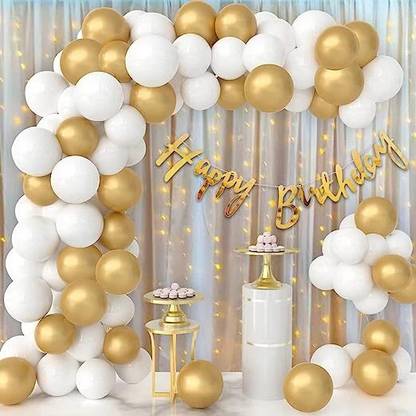 PARTY MIDLINKERZ Solid White and Golden Balloon Decoration for Birthday|with Led Light an Curtain Balloon