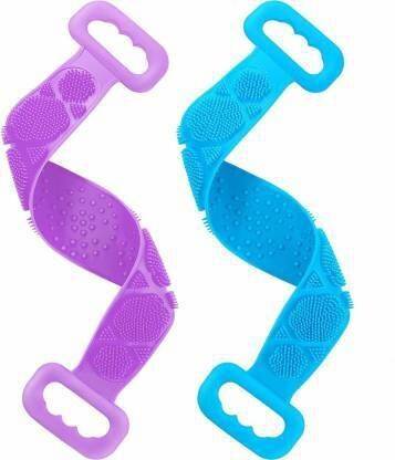 TREZILA COMBO 2 Pieces Silicone Bath Body Brush Sponge Exfoliating Double Sided Silicone Body Back Scrubber Belt Long Back Cleaning Shower Strap for Men Women,(MULTI COLOR)