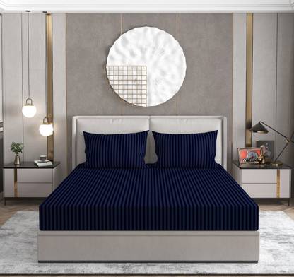 RUMFOT 280 TC Satin Queen Striped Fitted (Elastic) Bedsheet