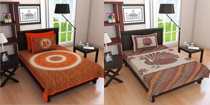 AKS Fashion Hub 150 TC Cotton Single Jaipuri Prints Flat Bedsheet