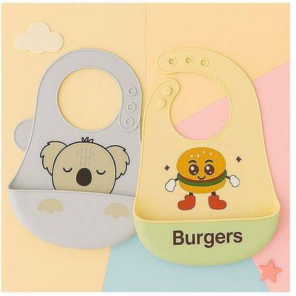 BMV ENTERPRISES Koala And Burger Print Baby Bibs With Food Catcher Pocket | set of 2 |