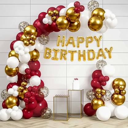 SKYWINS Solid 65 pcs happy birthday decoration items for girl,boy combo, Red & Gold color se Balloon
