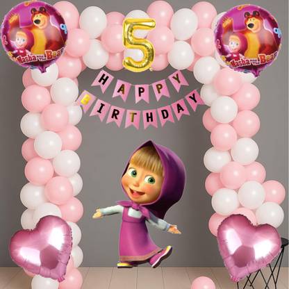 Aoes Masha & Bear 5th Birthday Decoration Kit for Girls Pink & White Balloon, Banner