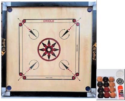 RJ Gallery Large Wooden Carrom Board with 1 set of wooden coins, striker and disco powder 4 cm Carrom Board
