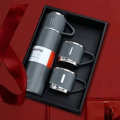 KRITI CREATION Stainless Steel Vacuum Flask with 3 set of Steel Cup Combo - 500ml 500 ml Shaker
