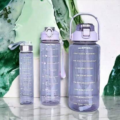 ThirstJoy Set of 3 Transparent Bottle 2000ML, 900ML, 300ML with Motivational Time Marker 2000 ml Sipper