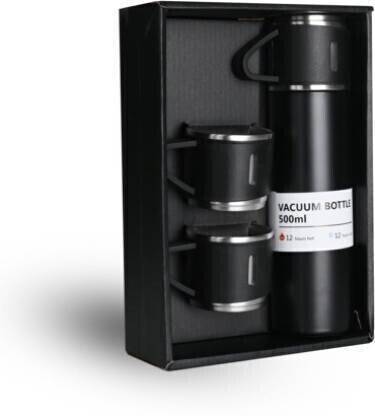 Madan Vacuum Flask Gift Set Bottle with 3 Cups 500 ml Flask (Pack of 1, Black) 500 ml Steel Flask