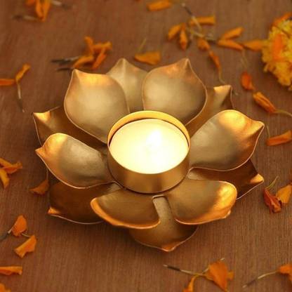 Brand Retail Golden Iron Table Lotus Flower Candle Holder Diwali Diya Iron 1 - Cup Candle Holder Set
