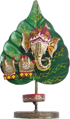 Ganesh On Pepal Leaf with Flute Candle Holder 26 cm Religious Idol & Figurine