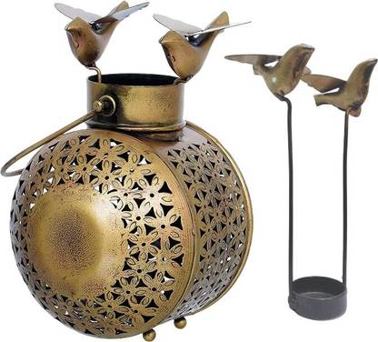 Sparrow Matka Lantern with Floral Cut Design, Gold Finish, Hanging Handle Iron 1 - Cup Tealight Holder