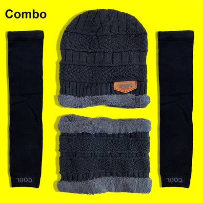 Black winter beanie cap with neck muffler, winter beanie cap set, woolen beanie cap Cap