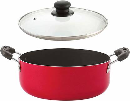 NIRLON Nonstick Coated Large Biryani Pot 24 cm, with Bakelite Handle and Glass Lid Cook and Serve Casserole