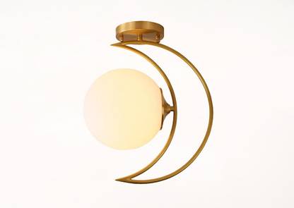 Chandnidecor White Glass Semi Flush Ceiling Light with Moon Style Gold Crescent Design Pendant Lamp Ceiling Lamp