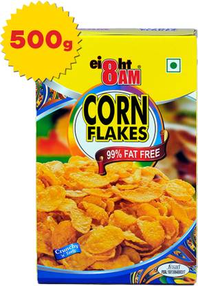 8AM Corn Flakes 500g, 97% Corn, 99% Fat Free, No Cholesterol, Nutritious Cereal Box