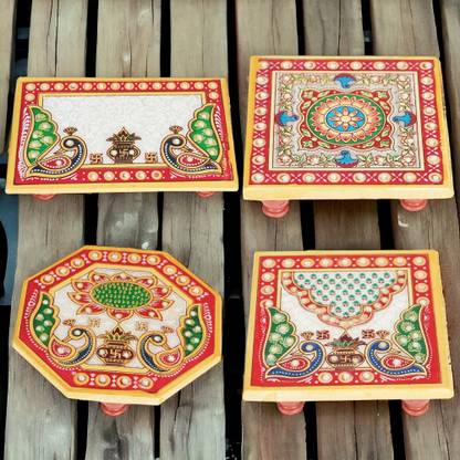 Jin Parshav Handicraft(6 x 4) & (4 x 4)Inch Floral Peacock design God Pooja Mandir Patta For Marble All Purpose Chowki