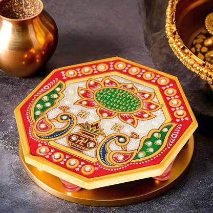Pink Sky (4 x 4)Inch Kundan Stone Work Floral Peacock design For Marble Pooja Chowki Marble All Purpose Chowki