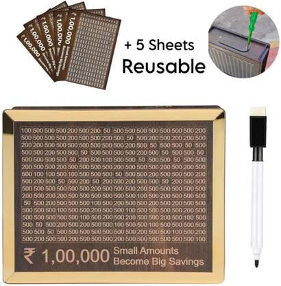SANCORP Golden Money/Piggy Bank REUSABLE +5 SHEET for Savings Challenge Box 1,00,000 Coin Bank