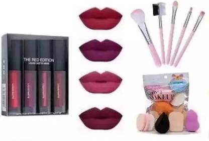 clochi 4 Pcs Lipstick With 5 Pic Brush And 6in1 Makeup Puff