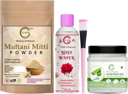 slukrl Combo Pack Aloe vera gel with multani mitti powder & Rose water Brush