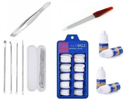 Zailie Artificial Arylic Fake 100 Nails With Glue 4 Bottle with Nail Filer And Plucker and Blackhead 4 different Pins