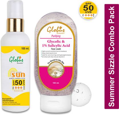 Globus Remedies Summer Sizzle Set - Sunscreen Lotion SPF 50++ 100 ml & Glycolic Acid Face Wash 100 ml