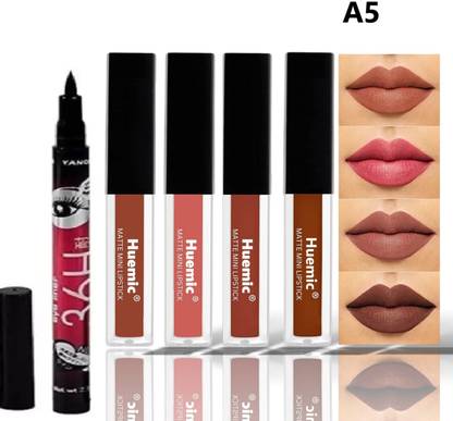 huemic Nude Mini Matte Liquid Lipstick Set 4 Pcs + 1 pc eyeliner I