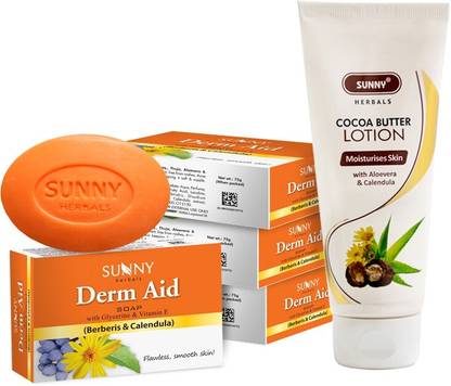 Sunny Herbals Cocoa Butter Lotion 100Ml and Derm Aid Soap-75gm x 4