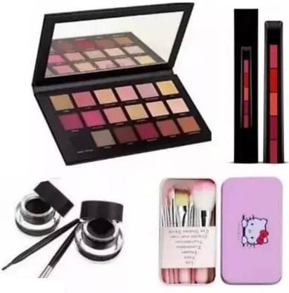 Ashav Huda Beauty Rose Gold Eye Shadow & 5 in 1 Red Lipstick & Gel Eyeliner Black Brown & Make Up Brushes