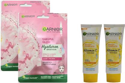 GARNIER Sakura Glow Hyaluron Serum Mask 4 Pc, Each 28 g & Vitamin C Face Wash 2pc, Each 50g