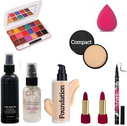 JENERA Makeup Set Combo Mini Eyeshadow, Fixer, Primer, Foundation, 2 Lipsticks, Compact, Blender & 36H Eyeliner