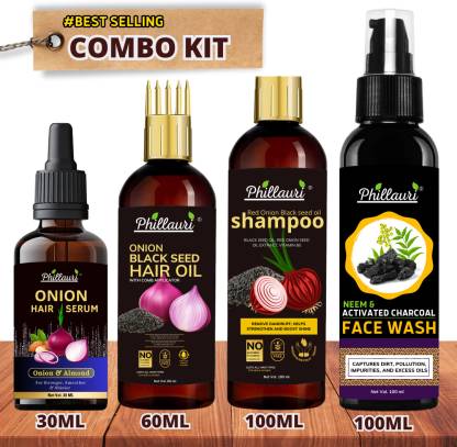 Phillauri Onion Hair oi, Hair Serum and Hair Shampoo, Charcoal Facewash Combo kit