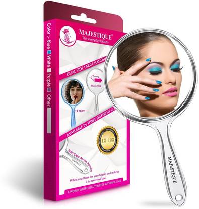 MAJESTIQUE Dual Side Large Handheld Mirror, 1X/10X Round Magnifying Makeup Mirror - White