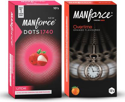 MANFORCE 3in1 (Ribbed,Dotted,Contoured) Overtime Orange and Extra Dotted Litchi Flavoured Condoms - 20 Pieces, (Pack of 2) Condom