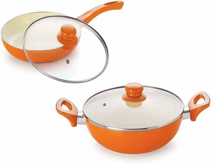 NIRLON Nirlon Ceramic Induction Base Non-Stick Aluminium Cookware Set, 2-Pieces, Orange Induction Bottom Non-Stick Coated Cookware Set