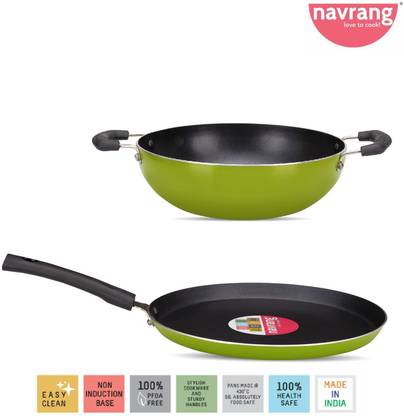 NAVRANG NONSTICK 2PCS COMBO SET DOSA TAWA 275MM AND KADAI 230MMM, GREEN, NON INDUCTION Non-Stick Coated Cookware Set