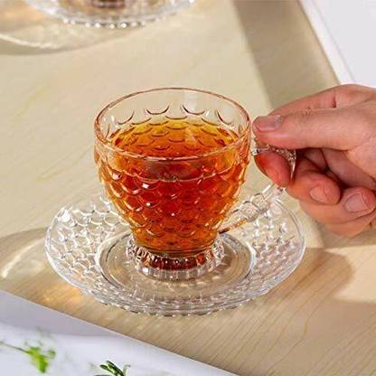 Fronted Pack of 12 Glass Bubble Glass Tea Cup and Saucer Set for Multipurpose Use Fish Shape Tea Cups & Saucer Set for Kitchen Organizer (Set of 6), 210 ML