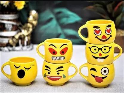 love unlimited Premium Bone China Tea Cups Set of 6 | Emojiss for Home Office Ceramic Coffee Mug