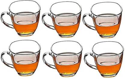 Durgma Pack of 6 Glass Oval Shape Square Crystal Clear Glass Tea Cup with Handle