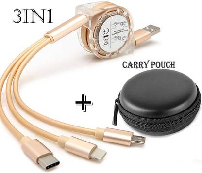 Retractable Mobile Charging Cable+Carry Pouch Fast 3in1 Multiple Pin Data Cable 1.3 m Micro USB Cable