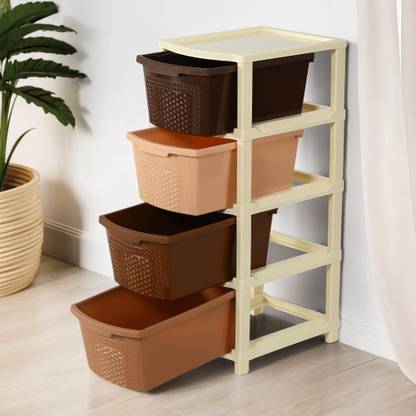 KUBER INDUSTRIES 4 Compartments Plastic Modular 4-Layer & 73 Ltr Plastic Drawer Storage Organiser | Chocolate Brown