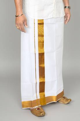 TUNI MANI 2inch Gold Zari Border Cotton Single Layer Solid Men Dhoti