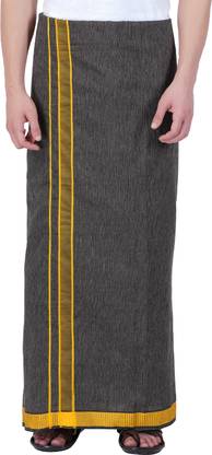 Ethazh Ethazh Cotton Grey Solid Gold Zari Border Adjustable Dhoti for Men Solid Men Dhoti