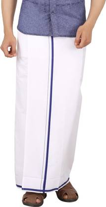 Prakasam Cotton Premium Quality Readymade Pocket -White Cotton With Navy Border Solid Men Dhoti