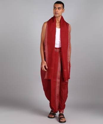 AKESHAVAM Mens Red Colour Panjakejam Readymade dhoti and towel set Free size 100%cotton Embroidered, Striped, Solid Men Dhoti