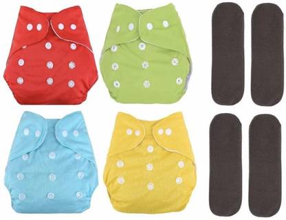 kogar Washable Reusable Adjustable Cloth Diaper Nappy For New Born (4Diaper+4Insert Black)