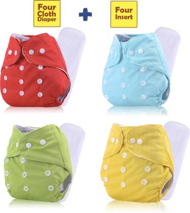 kogar All In One Faishonable Reusable Adjustable Washable Multicolour Cloth Button Diaper Nappy For Baby New Born To 2 Year (4 Diaper+4 Insert)