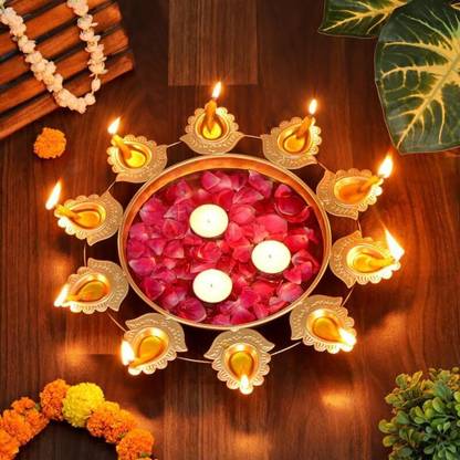 EVERYTHING EXPORTS Decor Diya Bowl for Home Decor & Tealight Holders with 10 Holders,24cm Diameter Iron Table Diya Set