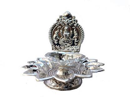 Solino Solino Silver Plated Lotus Kamakshi Diya Deepam Deepak Vilakku for Pooja Silver Plated Table Diya