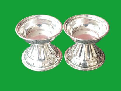 SujArta Diya Set / Deepam / Deepa Set, Premium Neelajan for Pooja Aarti, Silver Plated (Pack of 2) Table Diya Set