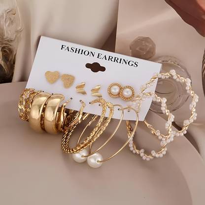 Karishma Kreations Combo Of 9 Lavish Gold Plated Pearl Hoop and Butterfly Heart Stud Earrings-213 Cubic Zirconia, Crystal, Pearl Brass, Crystal, Copper, Alloy Hoop Earring, Clip-on Earring, Drops & Danglers, Huggie Earring, Earring Set